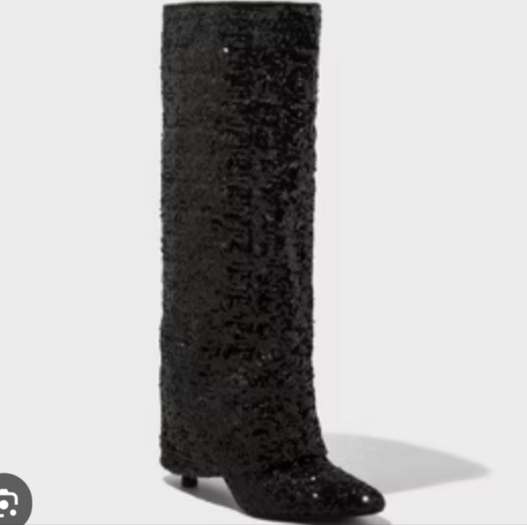 New Elegant Black Sequin Knee-High Boots Beautiful - Picture 1 of 6